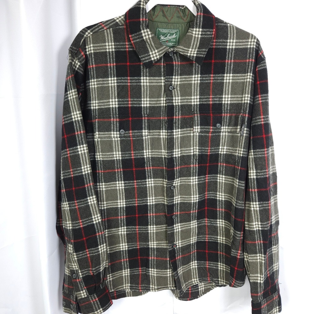 VTG Woolrich Dark Green Flannel Wool‎ Shirt Jacket Mens Large